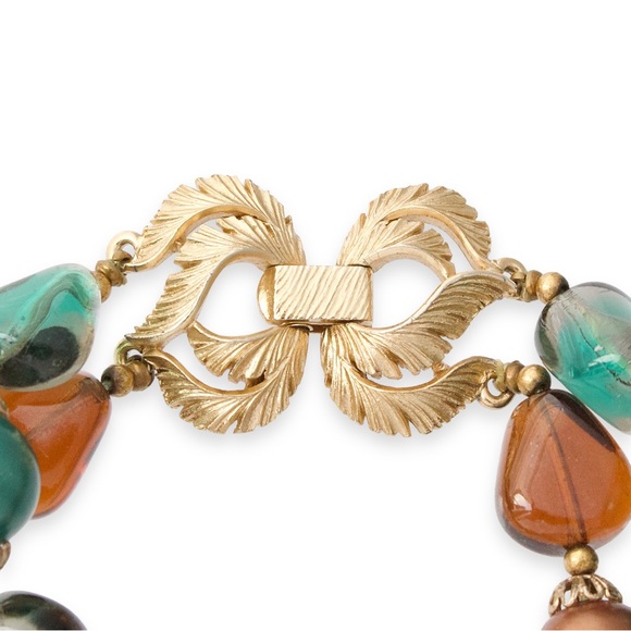 Vintage Crown Trifari Art Glass & Faux Pearl Bracelet Beaded Double Strand - Picture 4 of 6